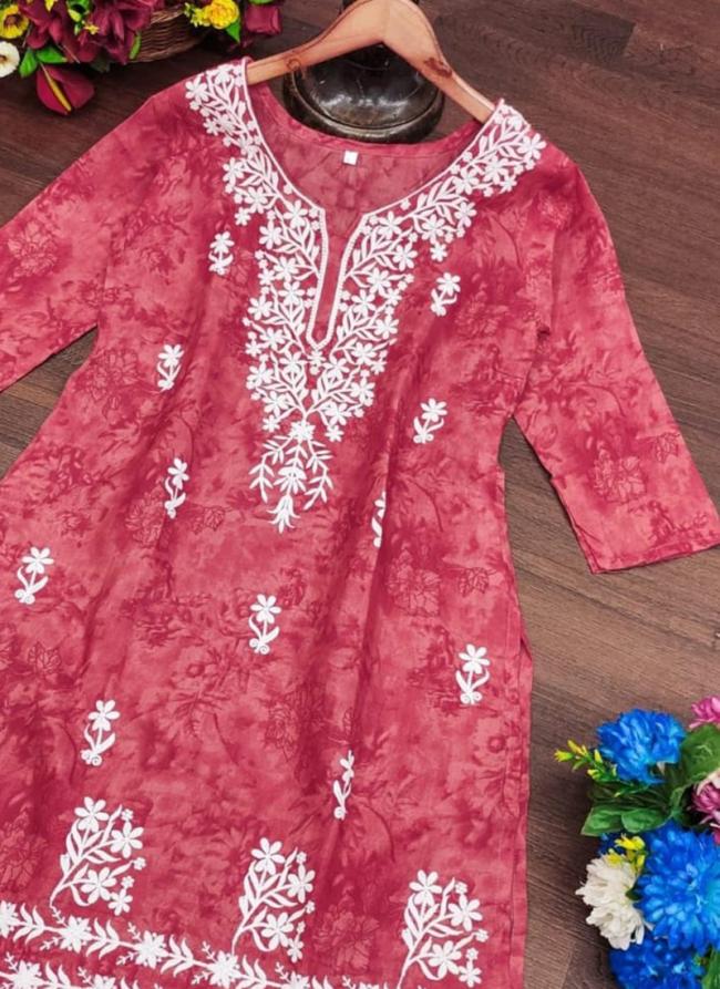 Cotton Pink Casual Wear Chikankari Work Readymade Kurti